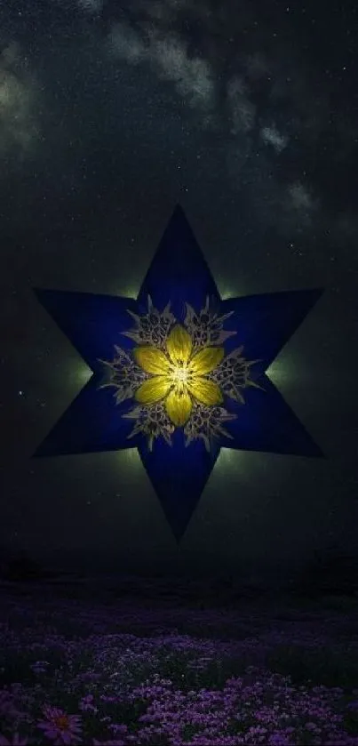 Mystical star-shaped flower glowing in a dark night sky