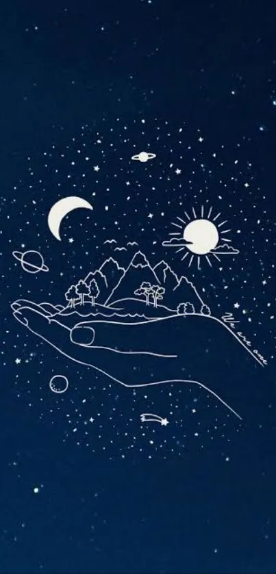 Hand holding starry night scene with planets and mountains.