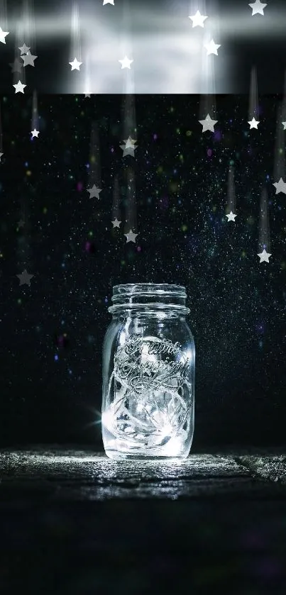 A luminous jar capturing falling stars against a dark night sky.