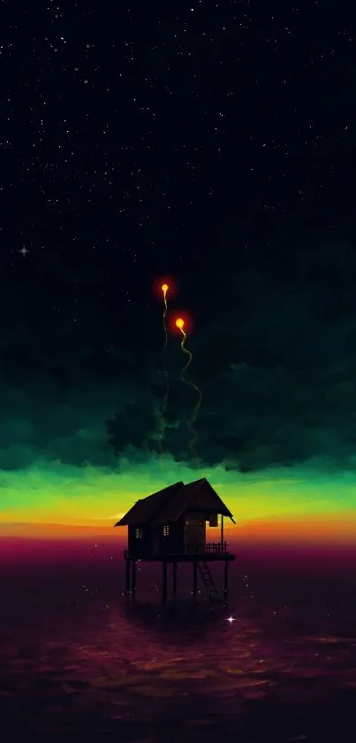 Mystical night sky with silhouette house and stars.