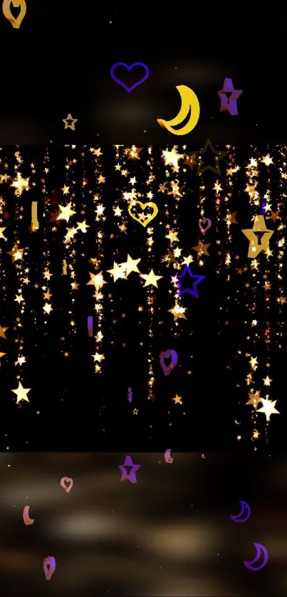 Mystical wallpaper with golden stars and crescent moons on a dark background.