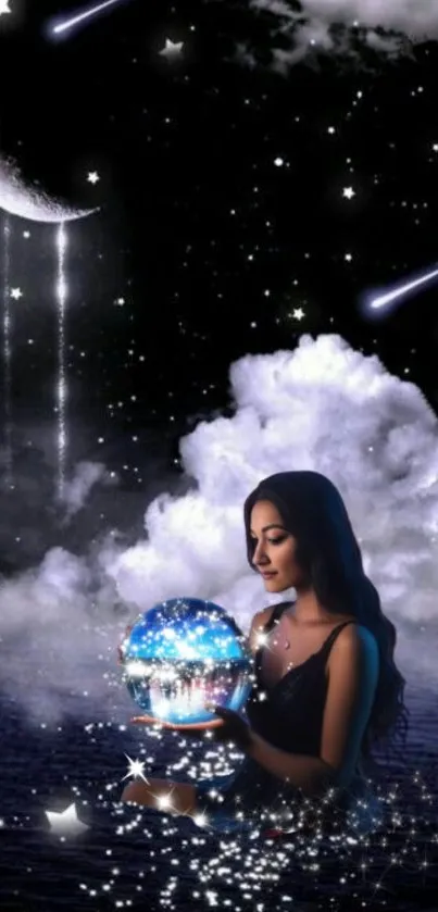 Mystical night scene with woman holding glowing orb under a starry sky.