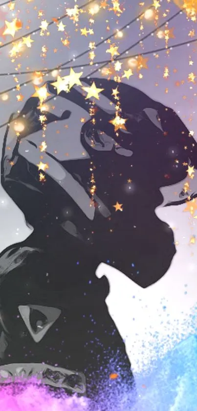 Mystical starry night wallpaper with colorful silhouette and twinkling stars.