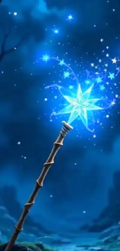 Magical glowing wand under starry night sky.