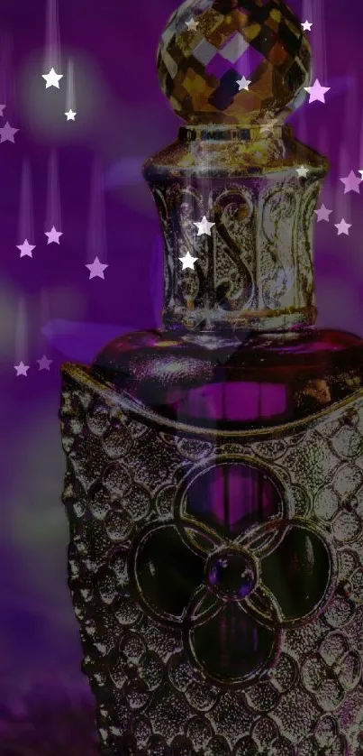 Mystical perfume vial with starry purple background.