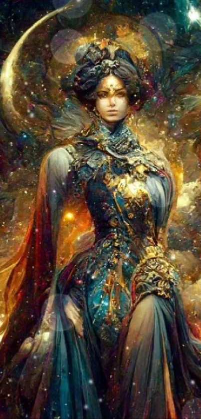 Mystical art of a starry queen with cosmic elements.