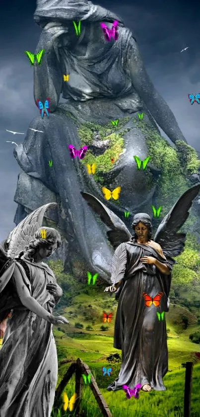 Statues in nature with vibrant butterflies under a dramatic blue sky.