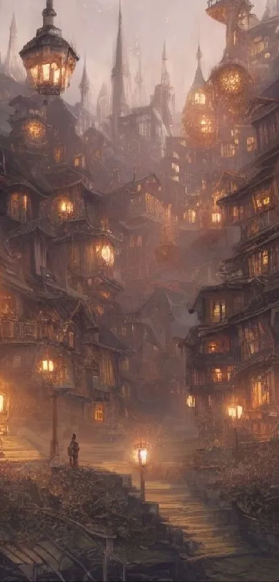 Mystical steampunk cityscape with glowing lights and fantastical architecture.