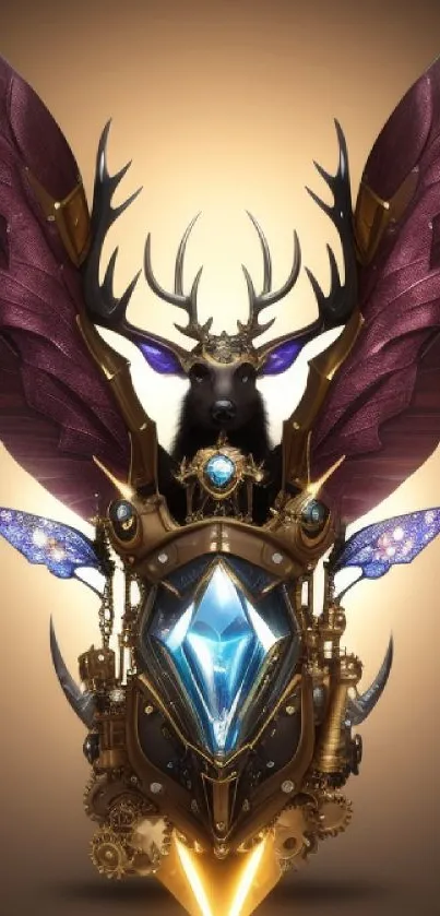 Mystical steampunk deer with purple wings and glowing jewels on brown background.