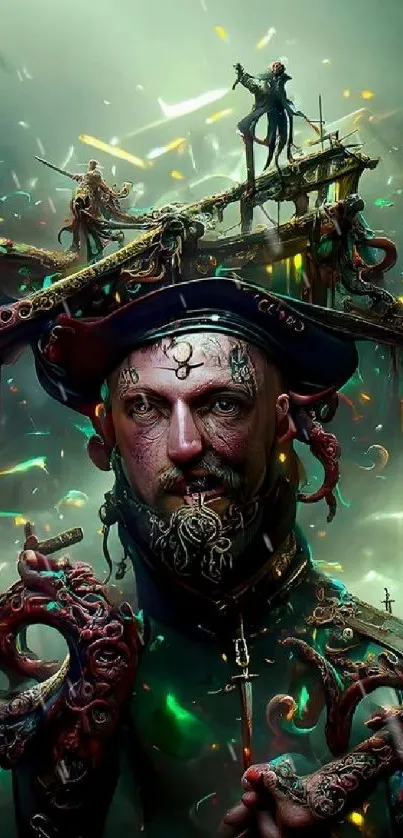 Mystical steampunk pirate artwork with vibrant colors.