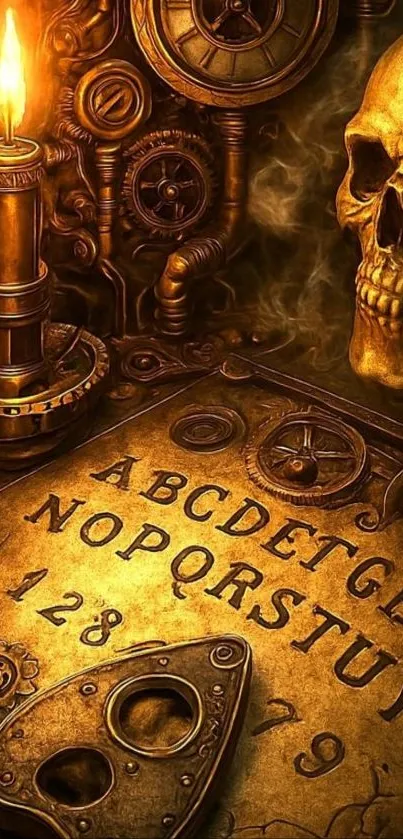 Steampunk skull with candle and symbols.