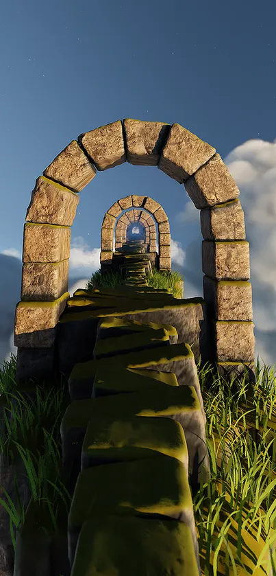 Stone archway path leading into the clouds, surrounded by greenery.