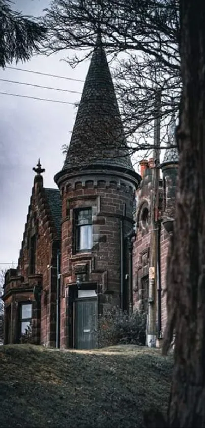 Mystical stone castle with dark ambiance amid towering trees.