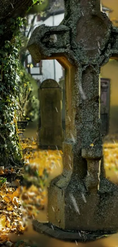 Mystical stone cross with golden autumn leaves.