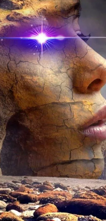 Mystical stone face with glowing eye in surreal landscape wallpaper.