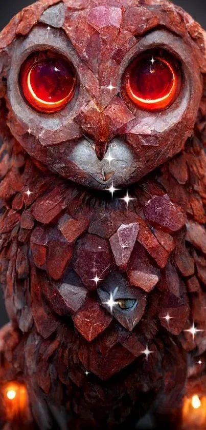 Mystical stone owl with glowing red eyes, perfect for a fantasy wallpaper.