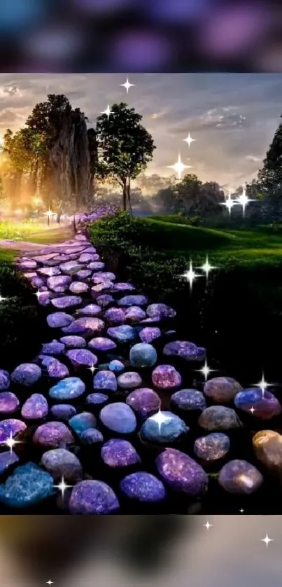 Mystical stone path with sunset and sparkling lights.