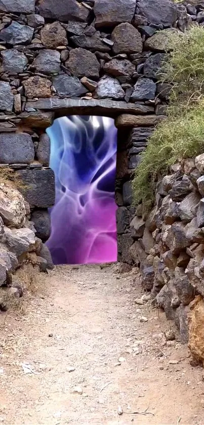 Mystical stone pathway with vibrant, colorful portal.