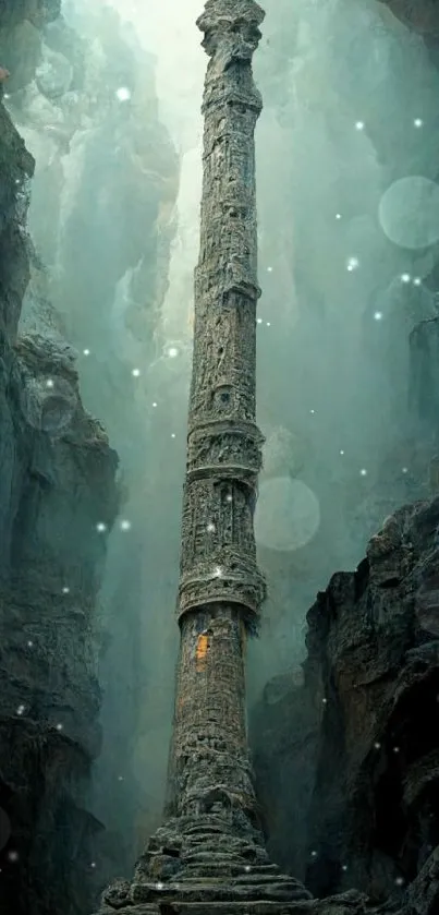 Mystical stone pillar in rocky landscape wallpaper.