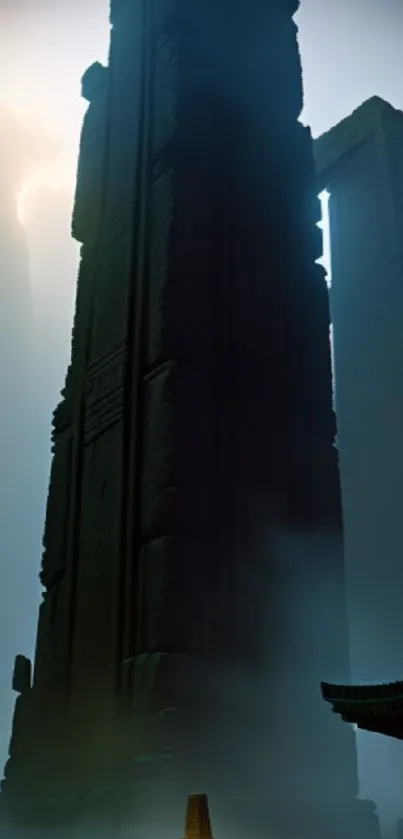 Mystical stone pillars rising in mist and shadows.