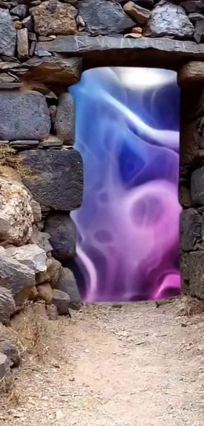 A mystical stone portal with vibrant purple and blue hues in a natural setting.