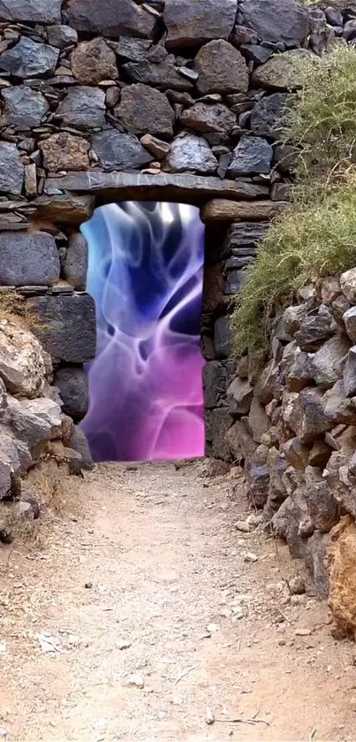 Mystical stone portal with colorful abstract design.