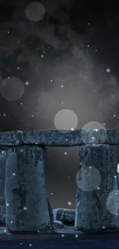 Mystical Stonehenge with a starry galaxy backdrop.