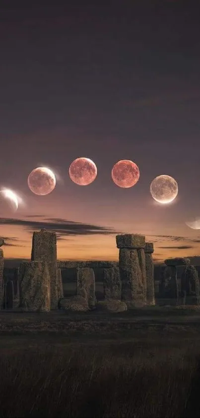 Stonehenge at night with moon phases in dark sky backdrop.