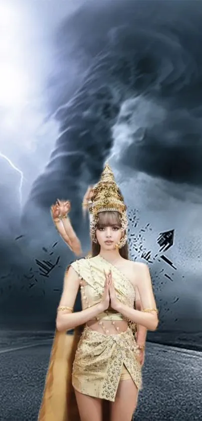 Mythical goddess in stormy sky wallpaper with golden attire.