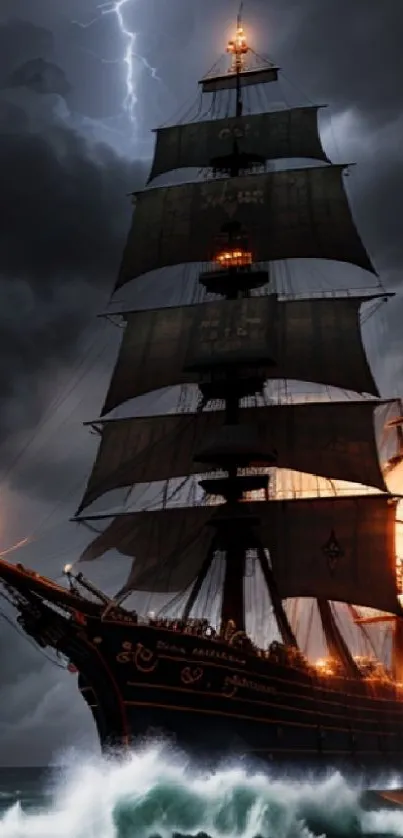 Mystical ship sailing through stormy seas with a dramatic dark sky backdrop.