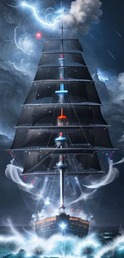 Mystical ship sailing through a stormy sea with dramatic clouds and lightning.