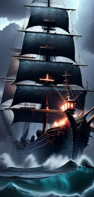 A dramatic dark stormy ocean with a mystical ship and lightning.