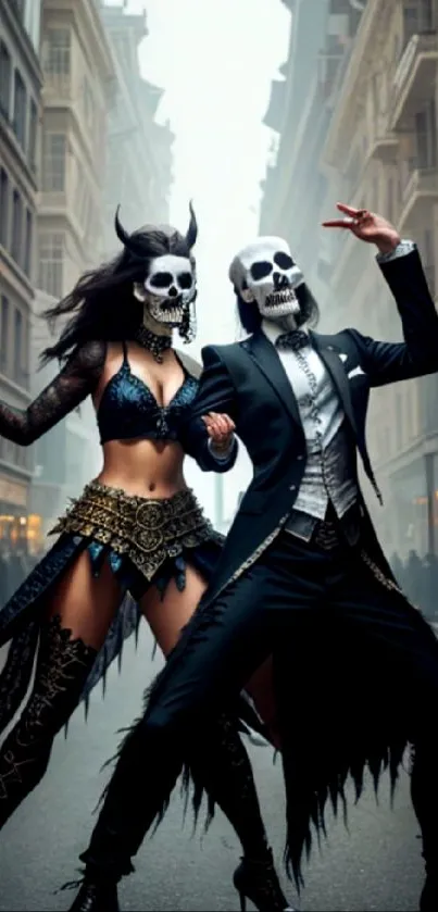 Couple dancing in mystical costumes on a foggy city street.