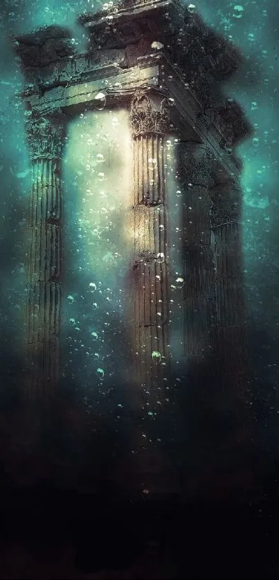 Ancient pillars submerged underwater, surrounded by ethereal light and bubbles.