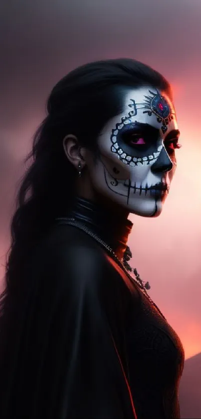 Woman with sugar skull face art against a sunset.