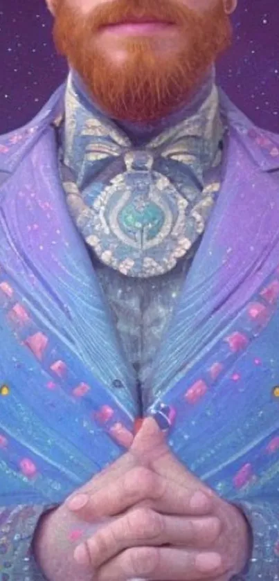 A mystical suit design against a cosmic, starry backdrop in purple hues.