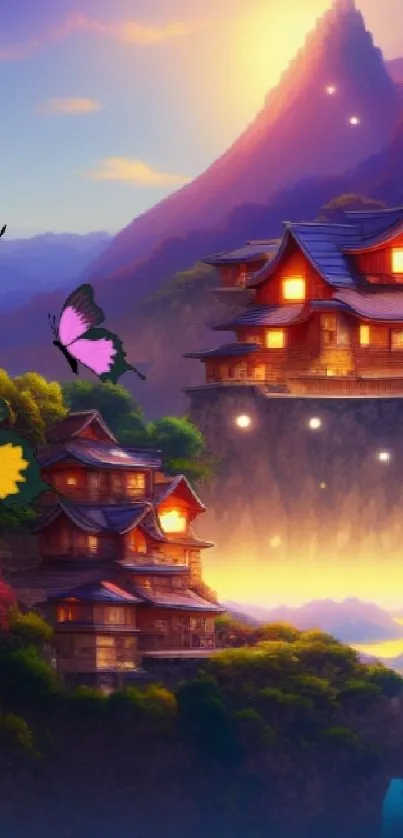 Mystical fantasy scene with a sunrise and butterflies.