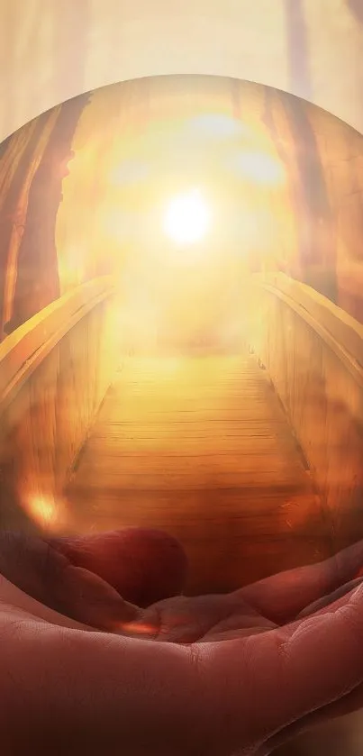 Hand holding a mystical orb with glowing sunrise and wooden path.