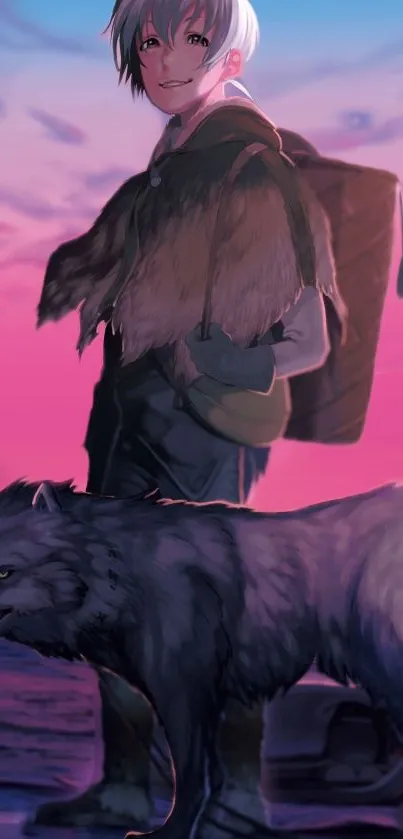 Japanese anime artwork of a traveler with a wolf under a pink sunset.