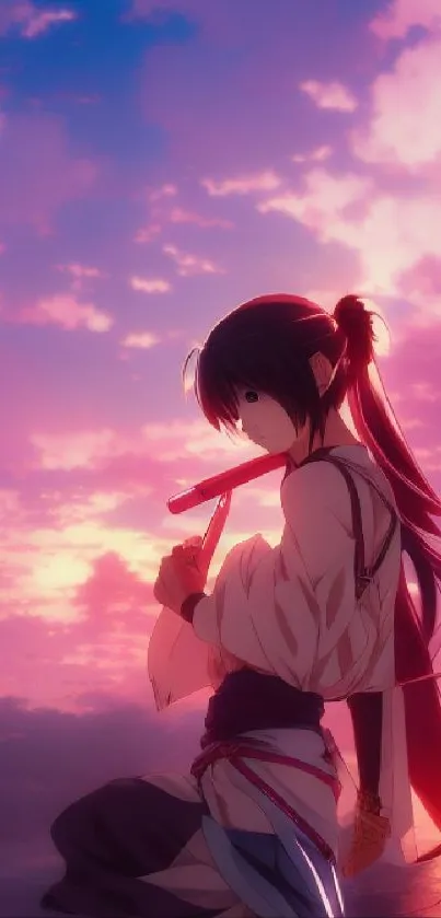 Anime character silhouetted against a vibrant sunset sky, creating a serene scene.