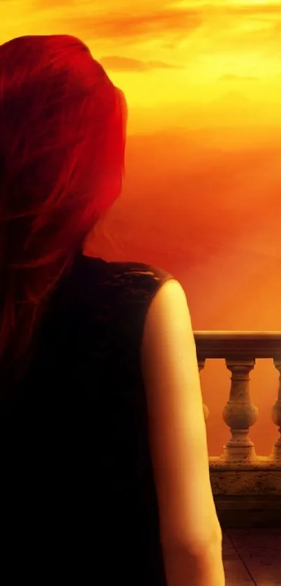 Silhouette with red hair on a balcony at sunset