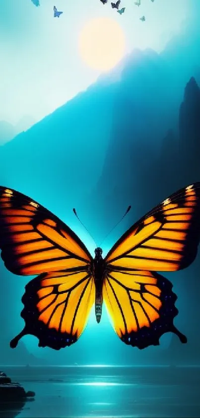 Vibrant butterfly with sunset background and teal tones.