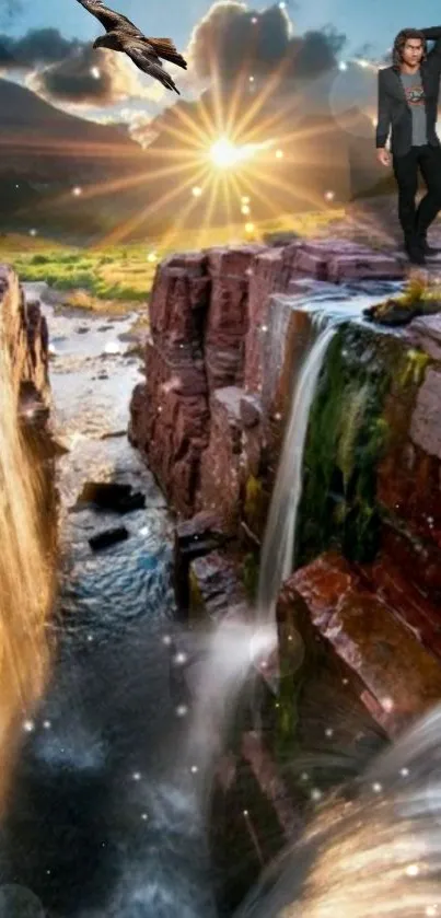 Mystical canyon waterfall with sunset and bird.