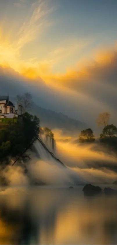 Castle at sunset with waterfalls and an ethereal sky.