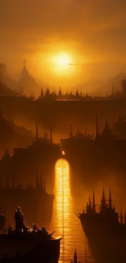 Mystical cityscape at sunset with golden hues and towering silhouettes.