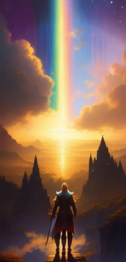 Mystical fantasy art with a golden sunset and rainbow light