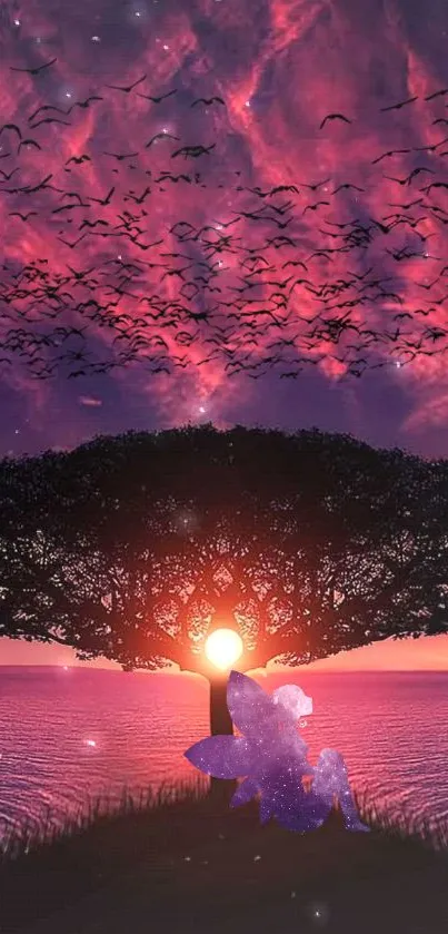 Fairy silhouette at sunset under a large tree with a vibrant purple sky.