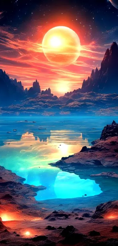 Fantasy sunset landscape with a serene lake and towering mountains.