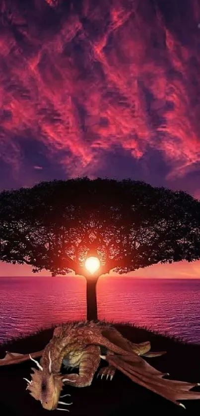 Mystical sunset wallpaper with a tree and dragon over the ocean horizon.