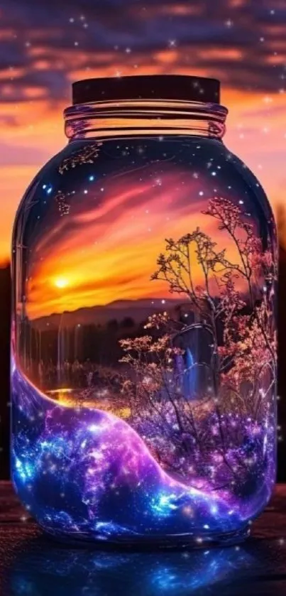 Mystical sunset captured in a glass jar with vibrant colors and sparkling skies.